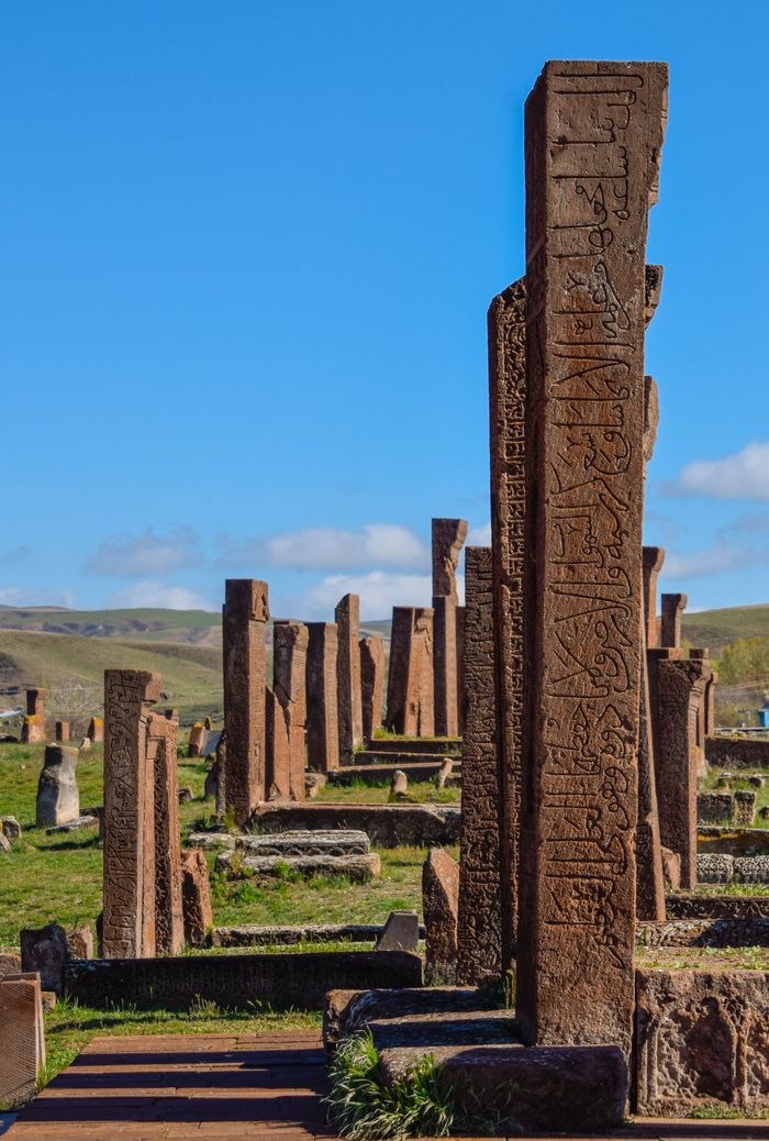 Historic tombstones at Ahlat cemetery showcase intricate carvings against a clear blue sky.